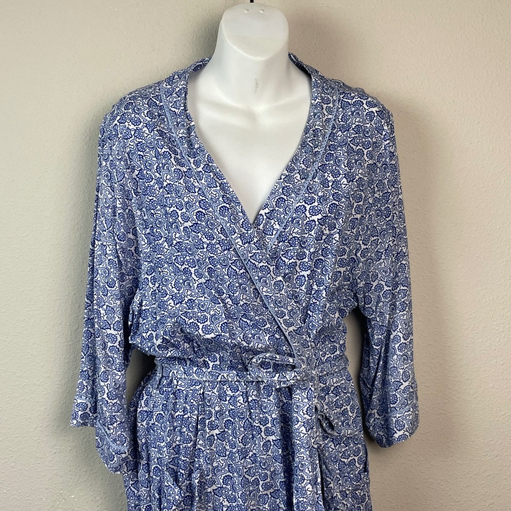 FatFace Womens Nightwear Robe Blue White Floral Print Viscose Belted Full Length - Picture 2 of 12